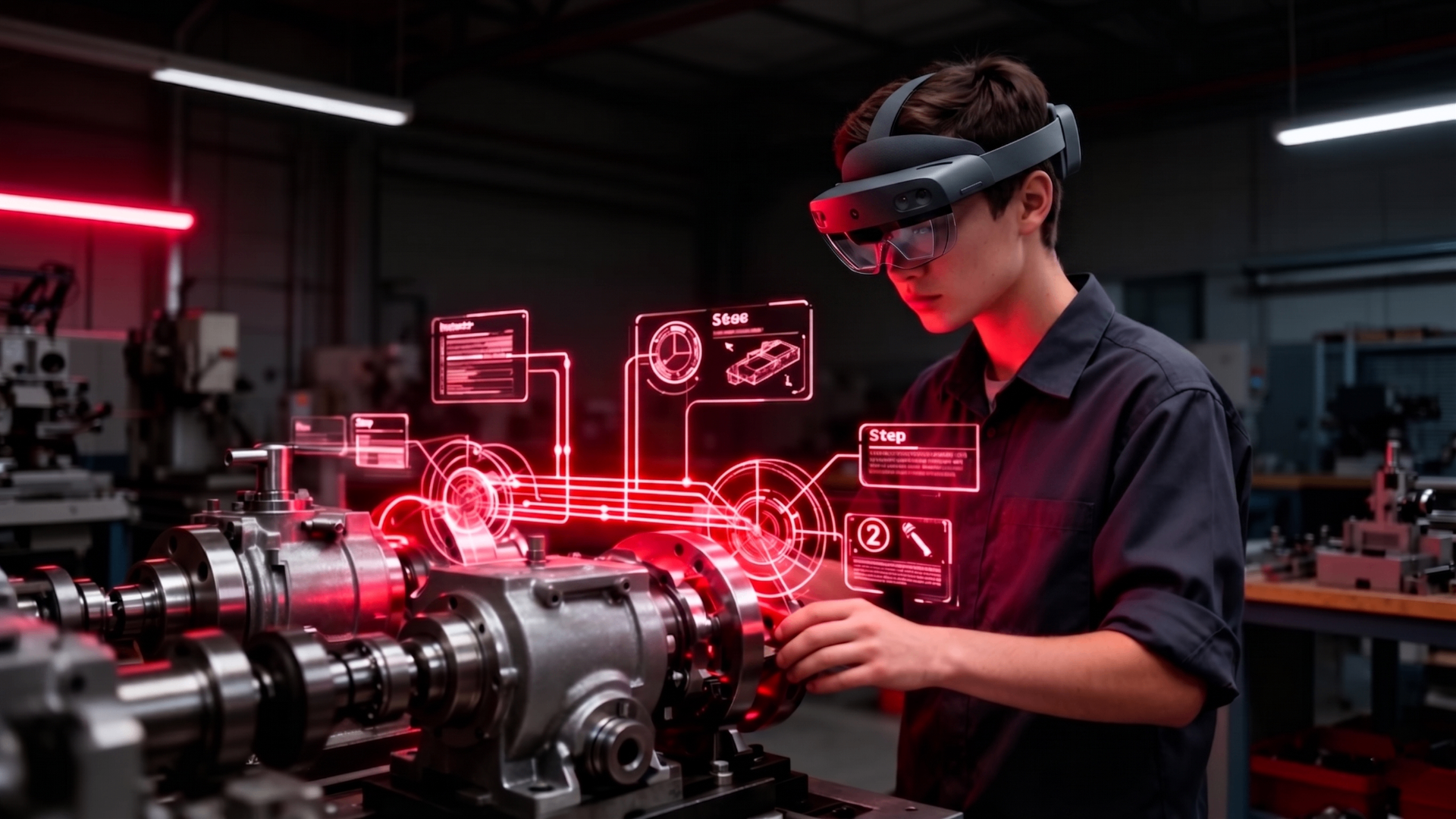 Alumno usando HoloLens 2 con XR/train sobre maquinaria industrial
